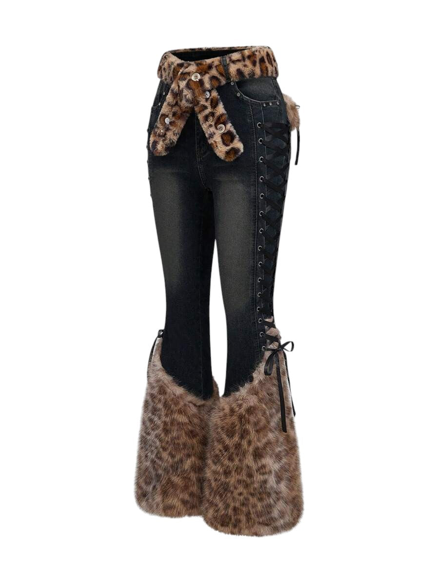 Black Gothic Faux Fur Leopard Patchwork Vintage Denim Jeans