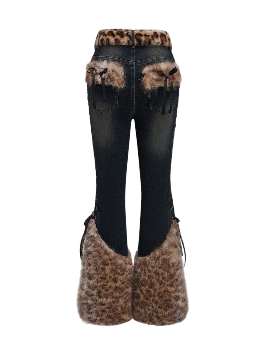 Black Gothic Faux Fur Leopard Patchwork Vintage Denim Jeans
