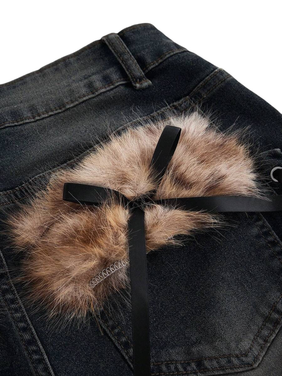 Black Gothic Faux Fur Leopard Patchwork Vintage Denim Jeans