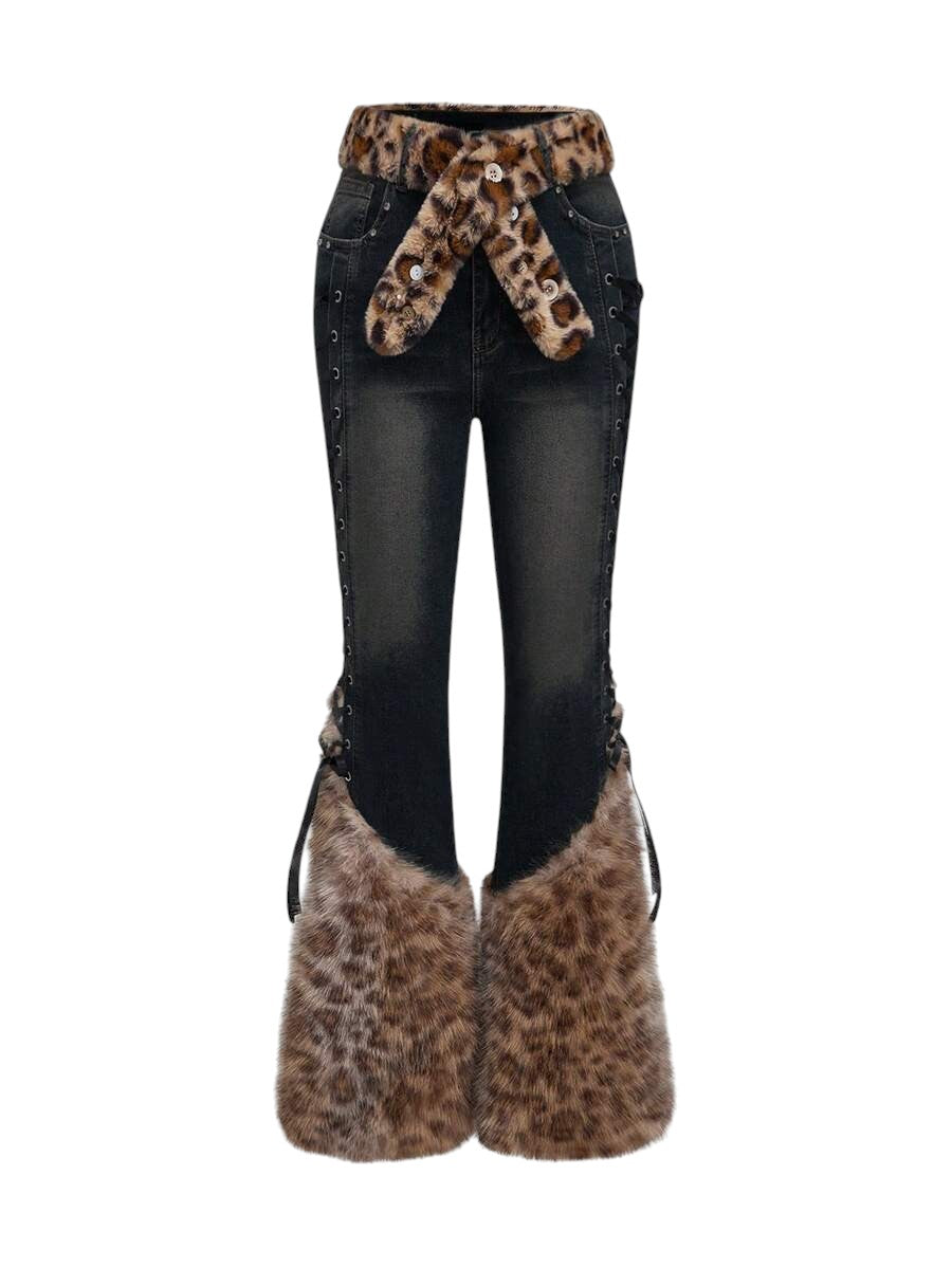 Black Gothic Faux Fur Leopard Patchwork Vintage Denim Jeans
