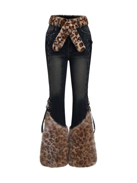 Black Gothic Faux Fur Leopard Patchwork Vintage Denim Jeans