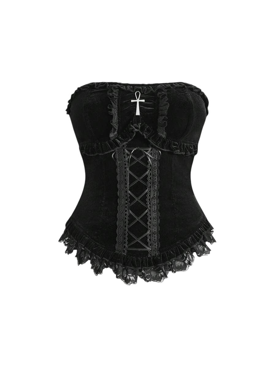 Women's Gothic Velvet Lace Patchwork Tie-Waist Tube Top With Cross Charm