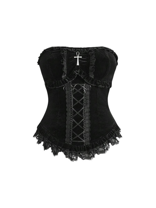 Women's Gothic Velvet Lace Patchwork Tie-Waist Tube Top With Cross Charm