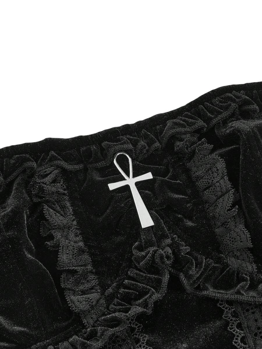 Women's Gothic Velvet Lace Patchwork Tie-Waist Tube Top With Cross Charm