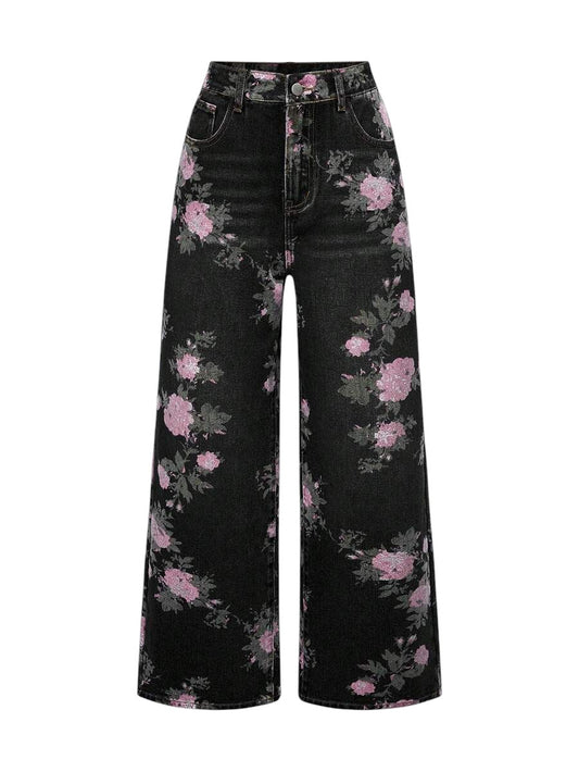 Multicolor Fairycore Black Vintage Floral Print Wide Leg Denim Jeans