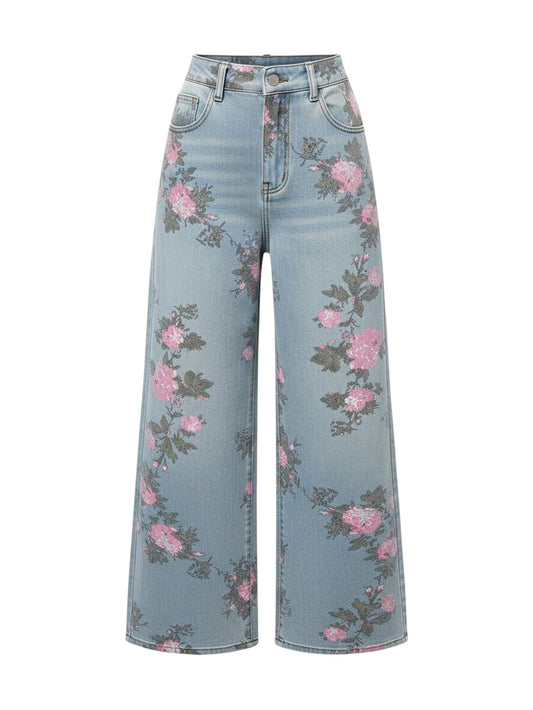 Multicolor Fairycore Vintage Floral Print Washed Wide Leg Denim Jeans