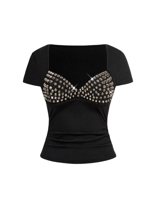 Punk Rivet Patchwork 2-In-1 Black Slim Fit T-Shirt