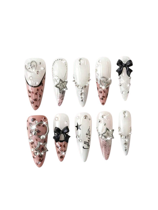 20pcs Y2K Leopard Bow Diamond Almond Press-On Nails Set