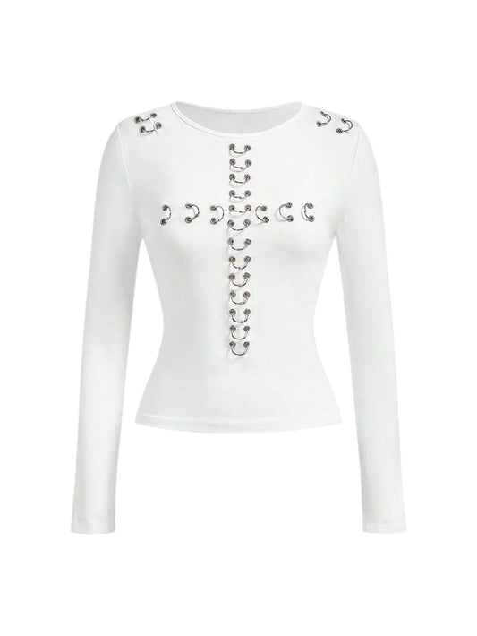 Punk Metal Grommet Slim Fit Long Sleeve T-shirt