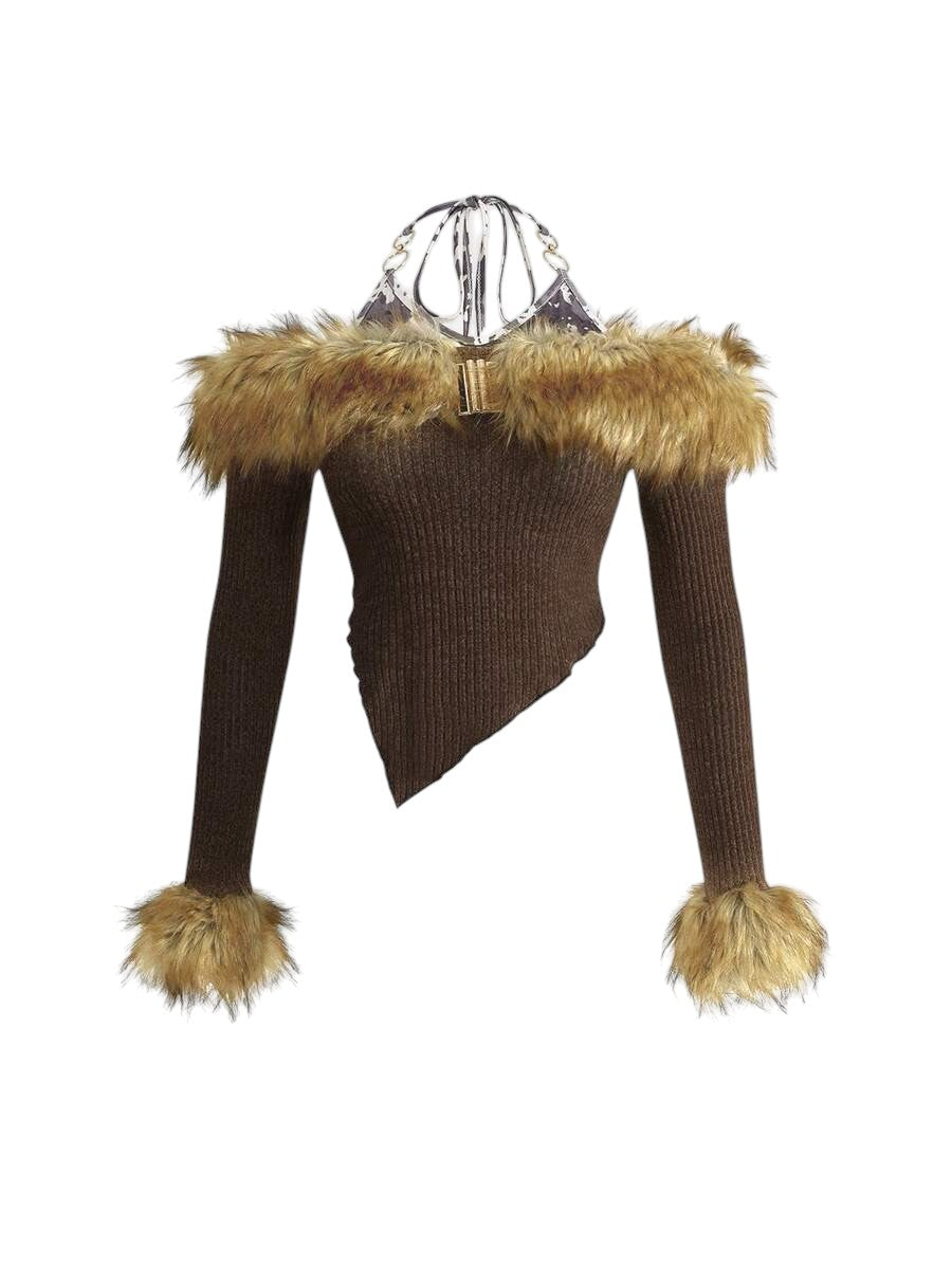 Women's Y2K Leopard Print Furry Halter Neck Festival Crop Top