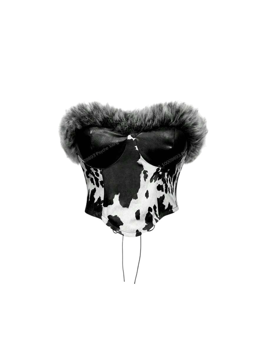 Vintage Faux Fur Patchwork Black & White Animal Print PU Leather Top