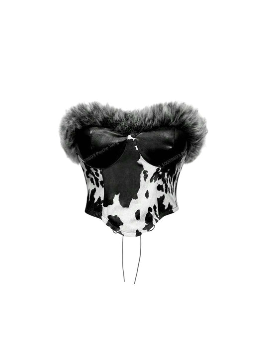 Vintage Faux Fur Patchwork Black & White Animal Print PU Leather Top