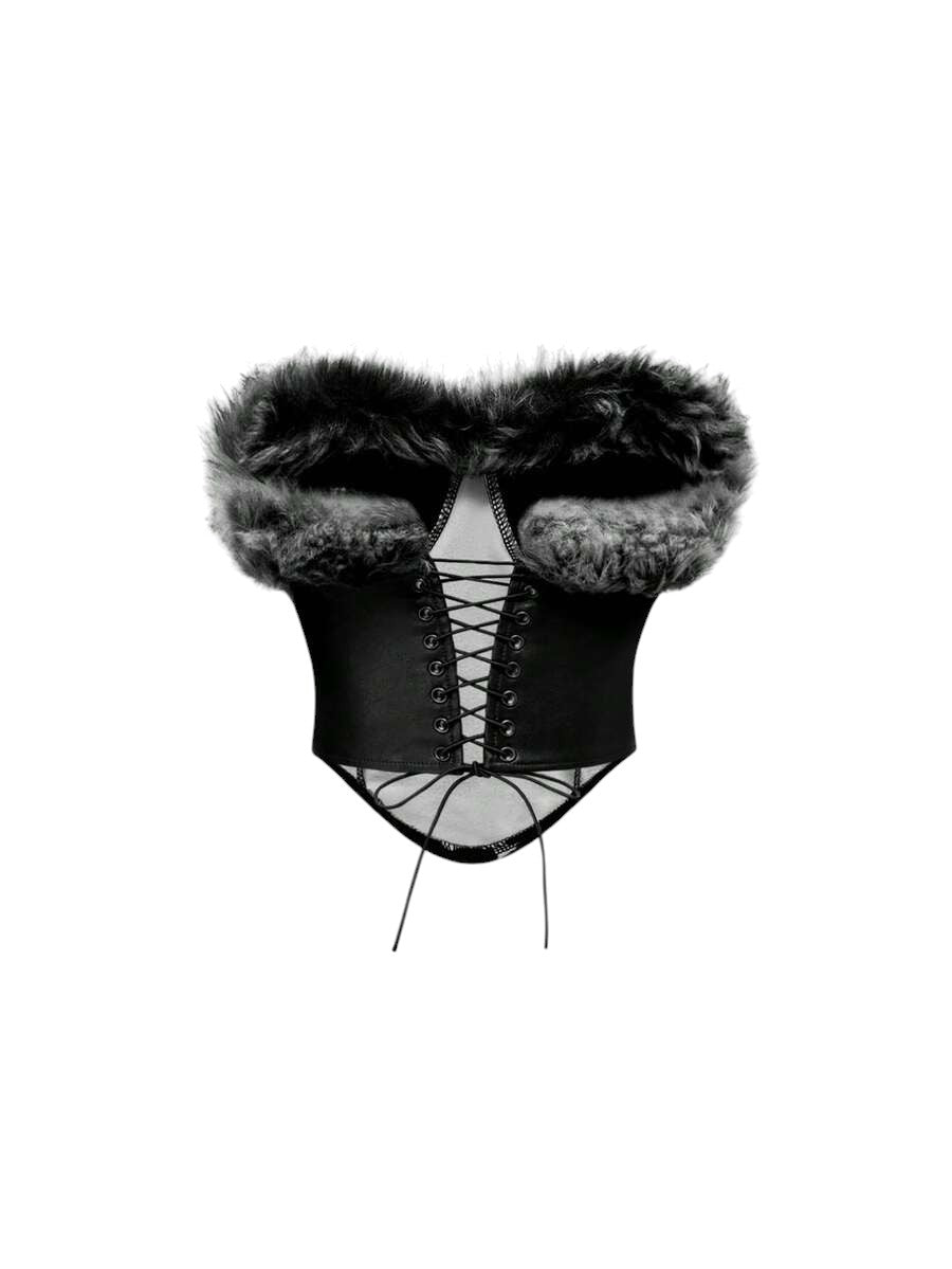 Vintage Faux Fur Patchwork Black & White Animal Print PU Leather Top