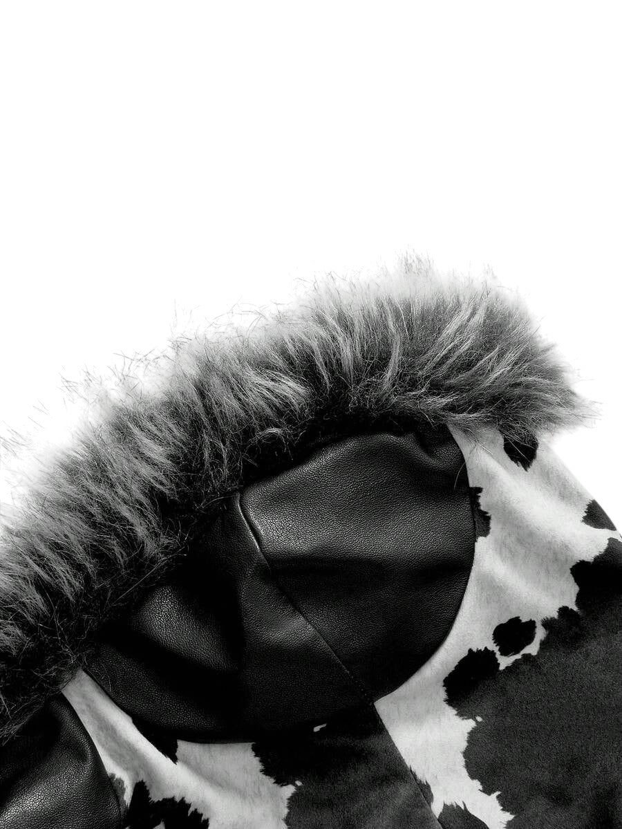 Vintage Faux Fur Patchwork Black & White Animal Print PU Leather Top