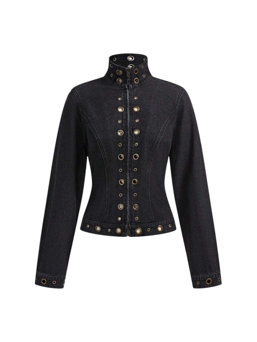 Women's Distressed Rivet Denim Biker Jacket