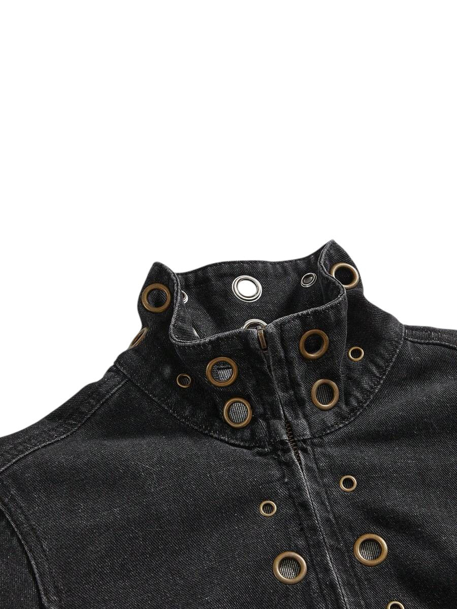 Women's Distressed Rivet Denim Biker Jacket