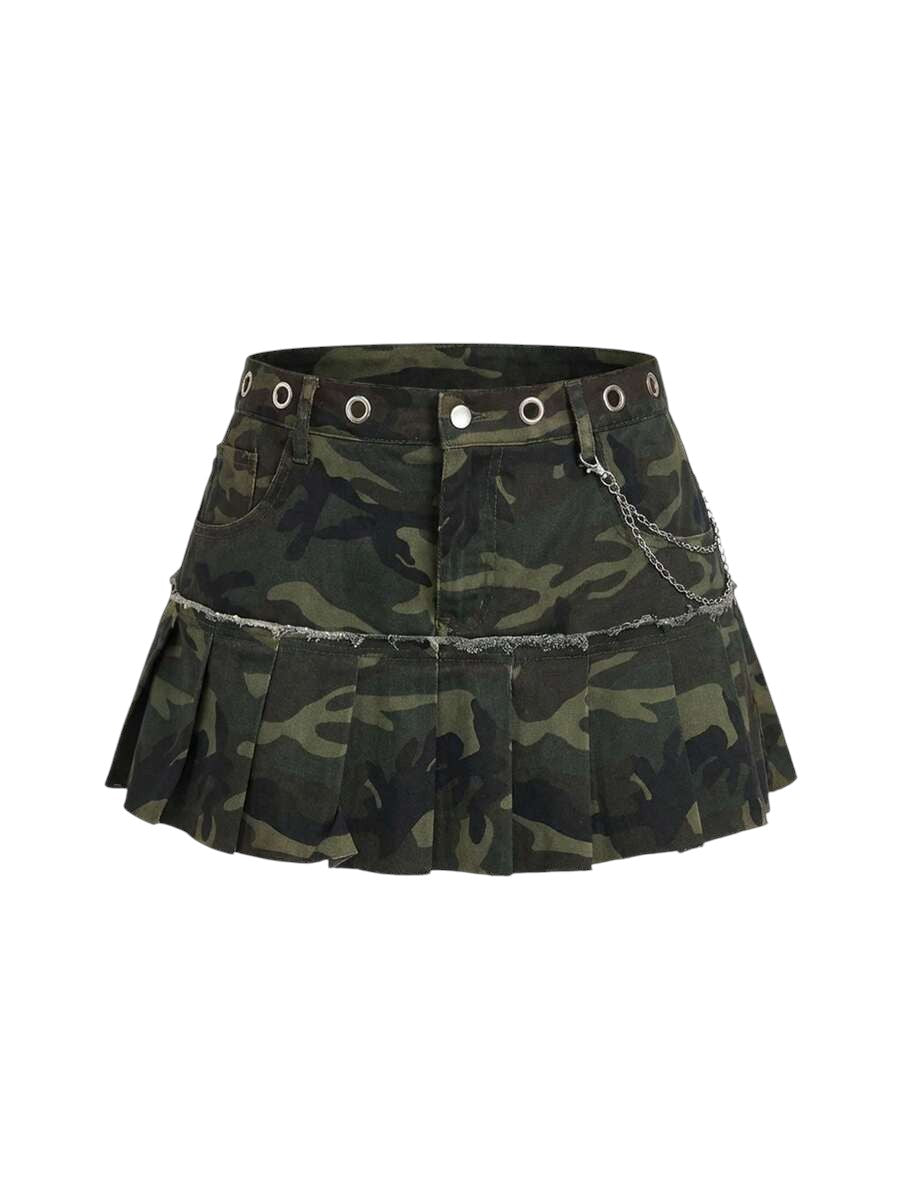 Plus Size Camouflage Star Chain Pleated Denim Mini Skirt