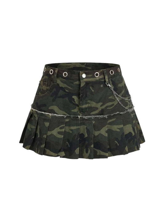 Plus Size Camouflage Star Chain Pleated Denim Mini Skirt