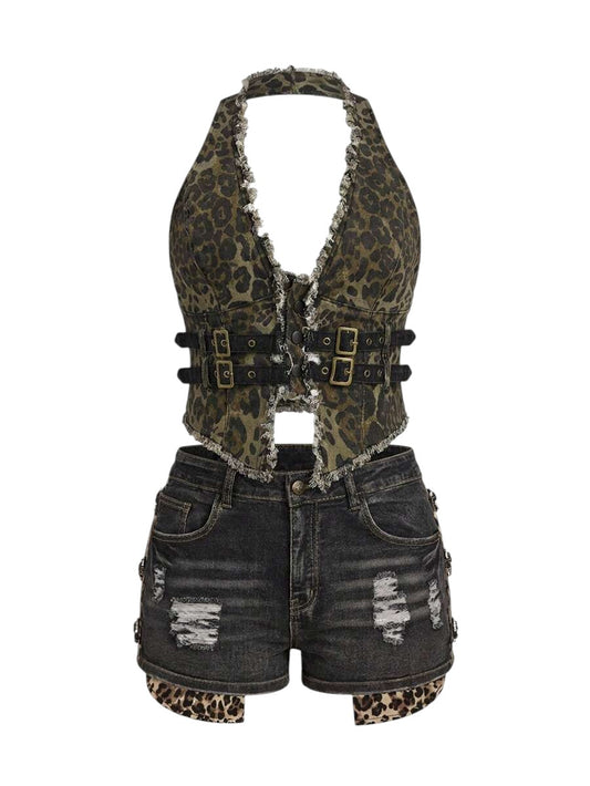 Plus Size Vintage Washed Leopard Print Denim Set