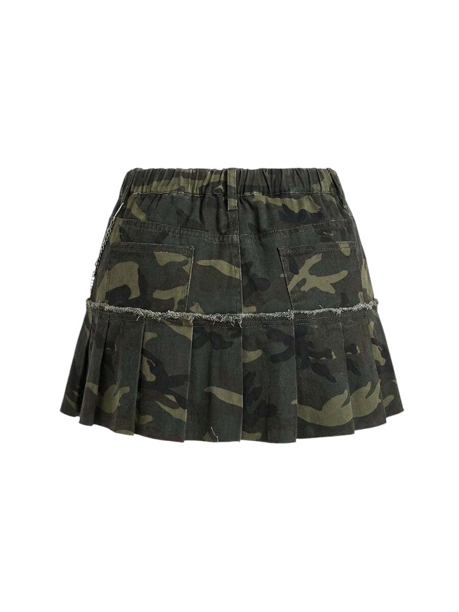 Plus Size Camouflage Star Chain Pleated Denim Mini Skirt