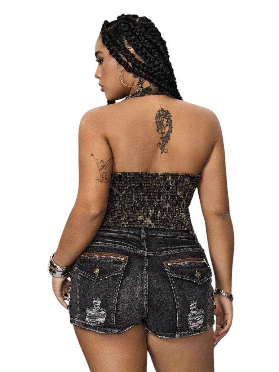 Plus Size Vintage Washed Leopard Print Denim Set