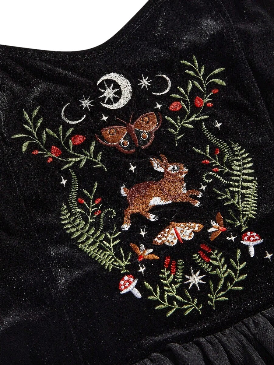Plus Size Embroidered Mesh Layer A-Line Dress with Celestial & Nature Motifs