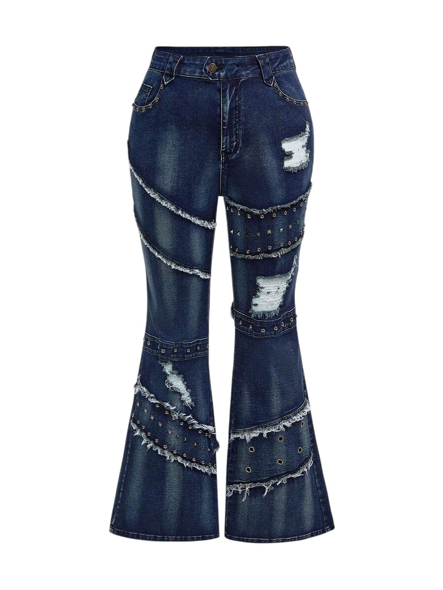 Plus Size Y2K Rivet Distressed Vintage Wash Skinny Flare Jeans