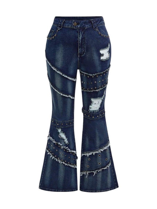 Plus Size Y2K Rivet Distressed Vintage Wash Skinny Flare Jeans