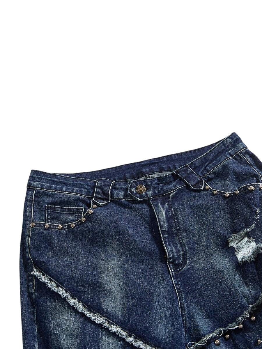 Plus Size Y2K Rivet Distressed Vintage Wash Skinny Flare Jeans