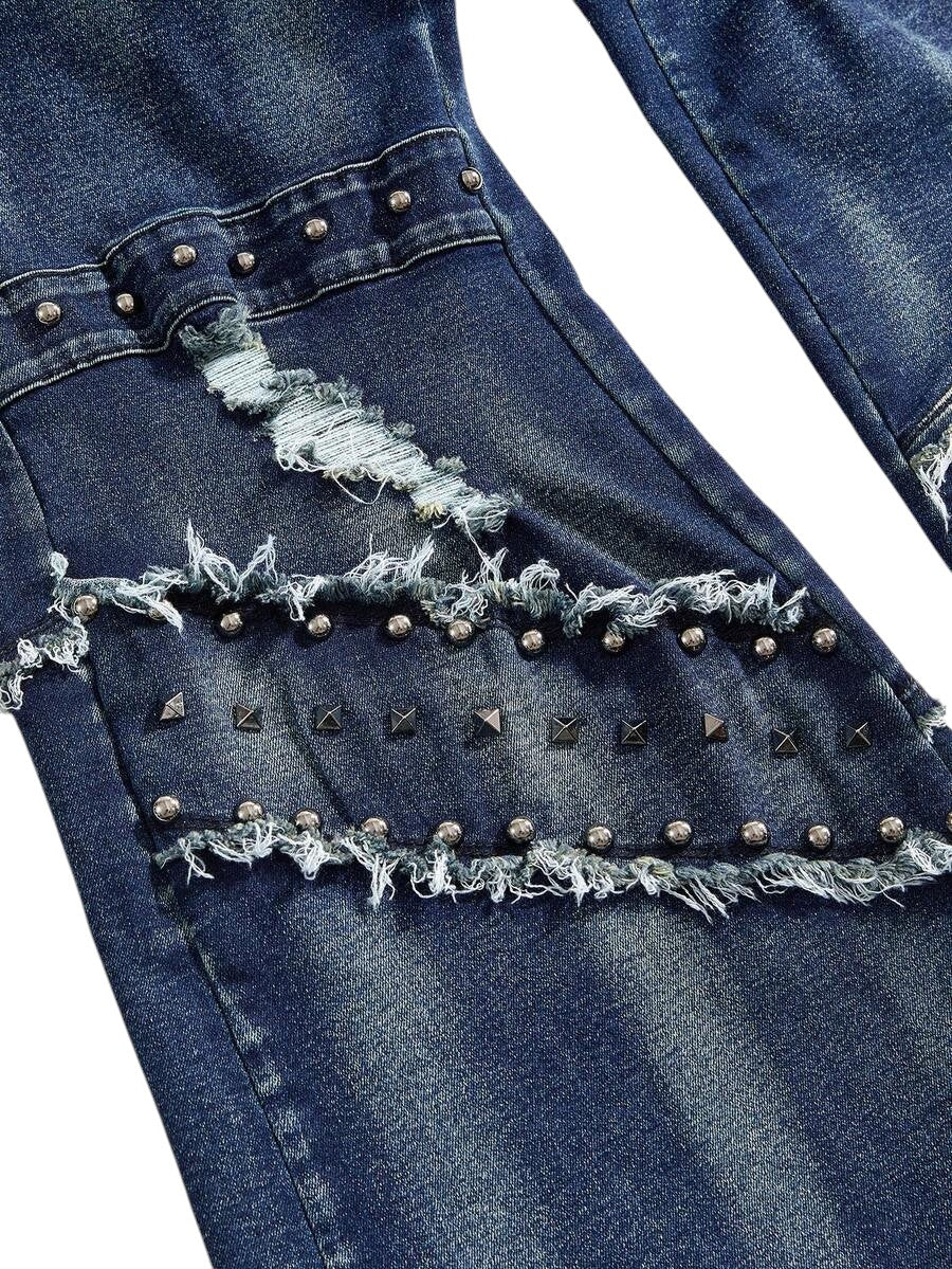 Plus Size Y2K Rivet Distressed Vintage Wash Skinny Flare Jeans