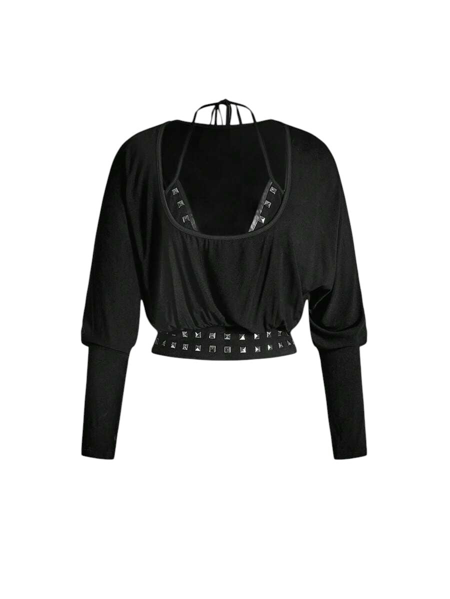 Punk Rivet Bra Batwing Sleeve Two-Piece Top Set