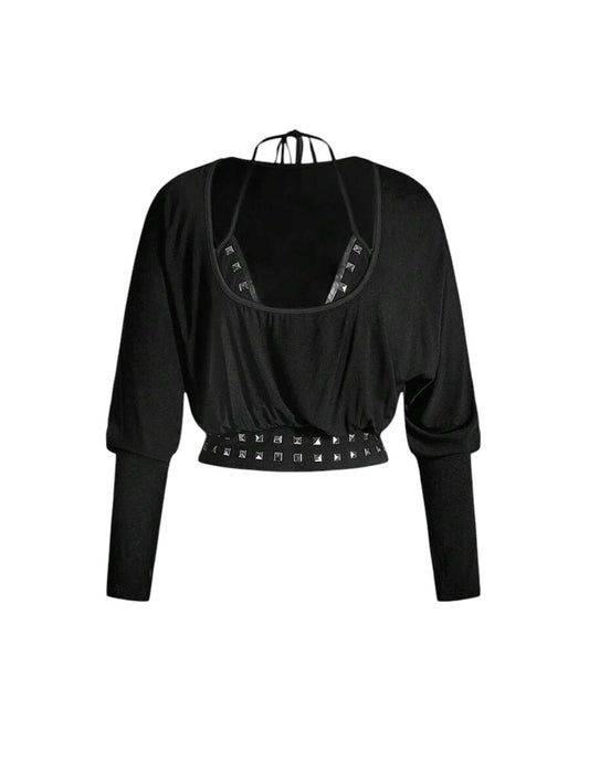 Punk Rivet Bra Batwing Sleeve Two-Piece Top Set