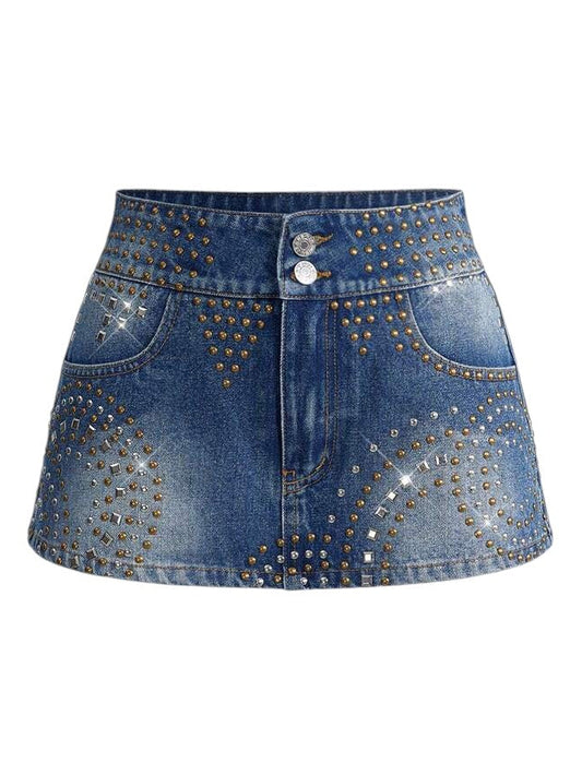 Women's Rhinestone Rivet Asymmetric Denim Mini Skirt