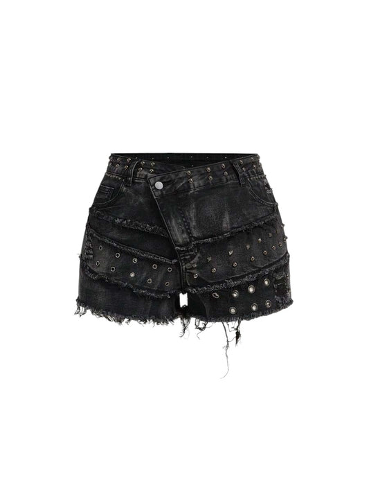 Plus Size Y2K Distressed Pearl Studded Denim Mini Skirt