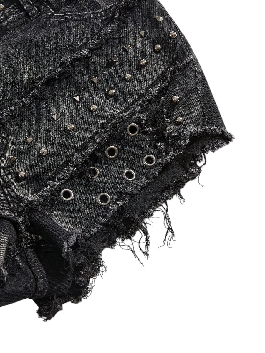 Plus Size Y2K Distressed Pearl Studded Denim Mini Skirt