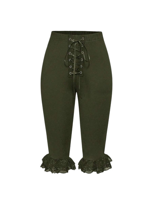 Women's Army Green Lace Patchwork Tie-Up Capri Pants