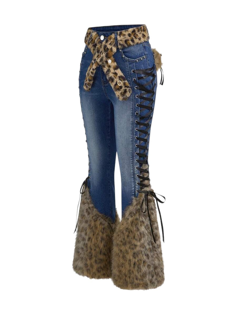 Blue Gothic Faux Fur Leopard Patchwork Vintage Denim Jeans