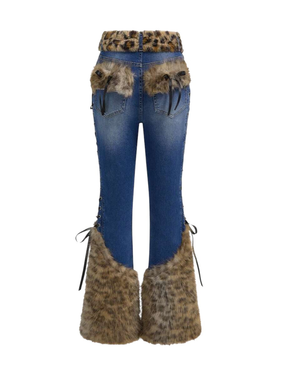 Blue Gothic Faux Fur Leopard Patchwork Vintage Denim Jeans