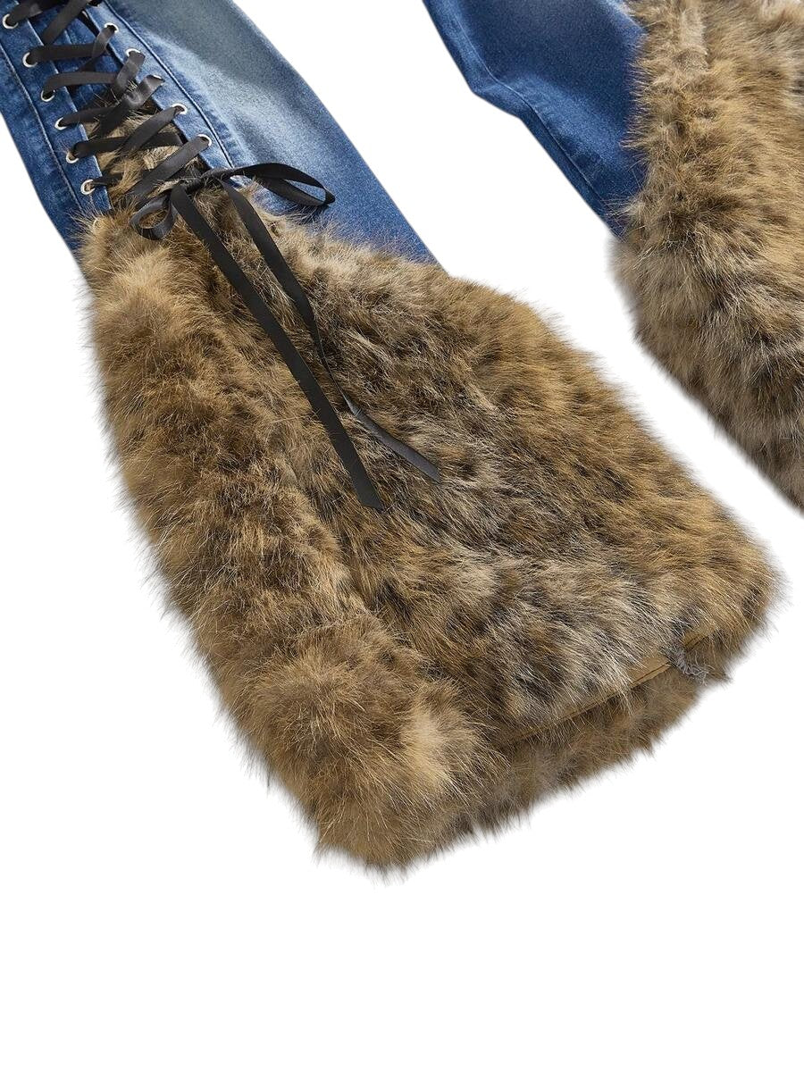 Blue Gothic Faux Fur Leopard Patchwork Vintage Denim Jeans