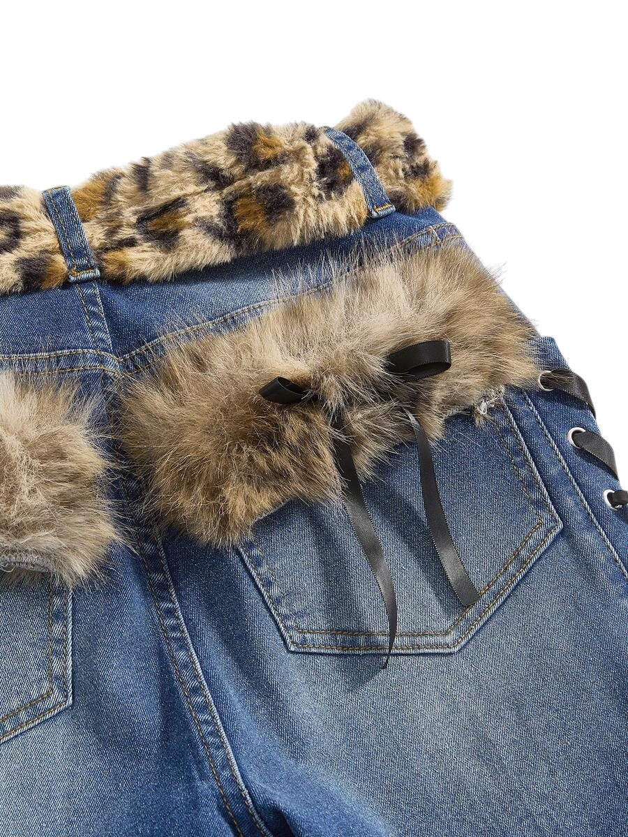 Blue Gothic Faux Fur Leopard Patchwork Vintage Denim Jeans