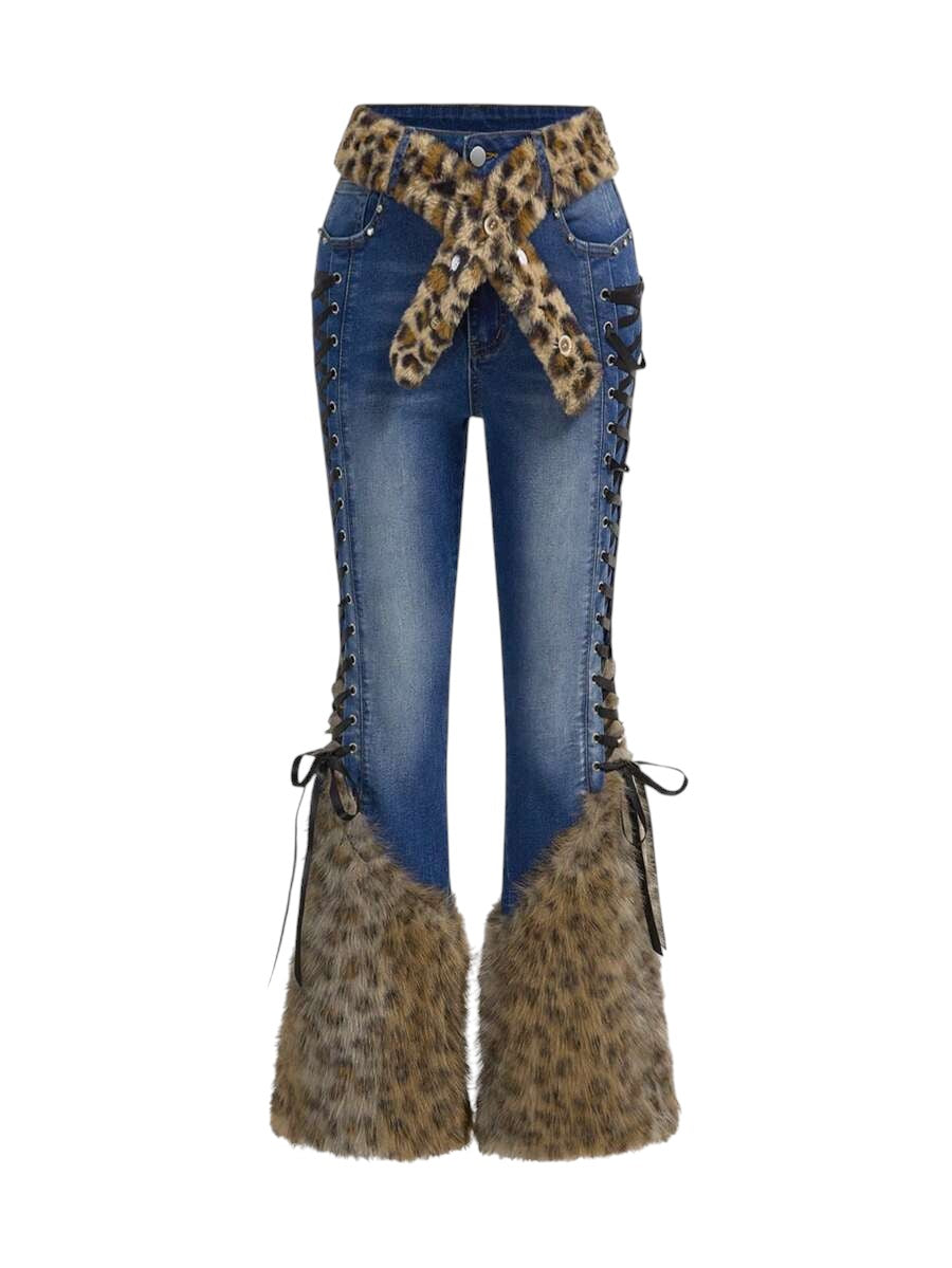 Blue Gothic Faux Fur Leopard Patchwork Vintage Denim Jeans