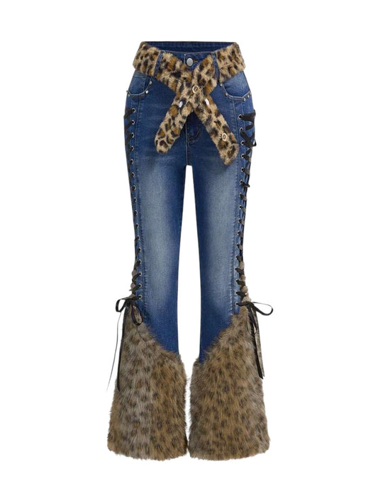 Blue Gothic Faux Fur Leopard Patchwork Vintage Denim Jeans