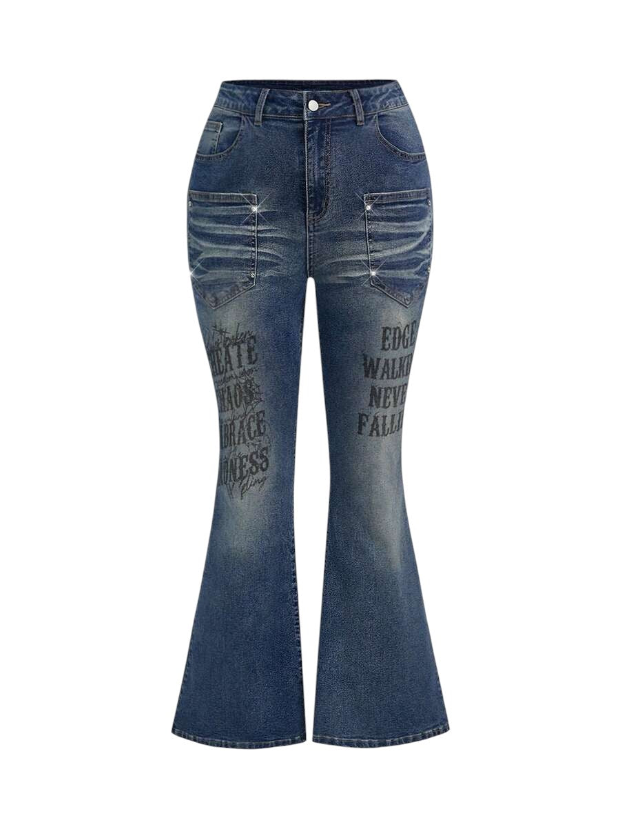 Plus Size Washed Slogan Print Flare Jeans