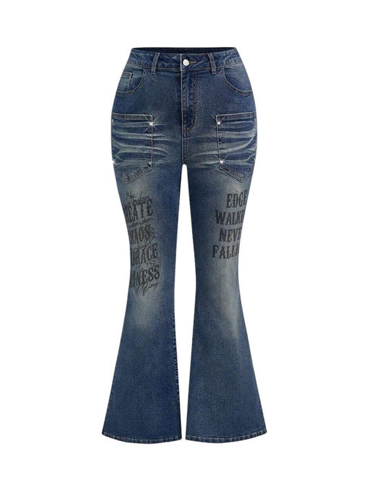 Plus Size Washed Slogan Print Flare Jeans