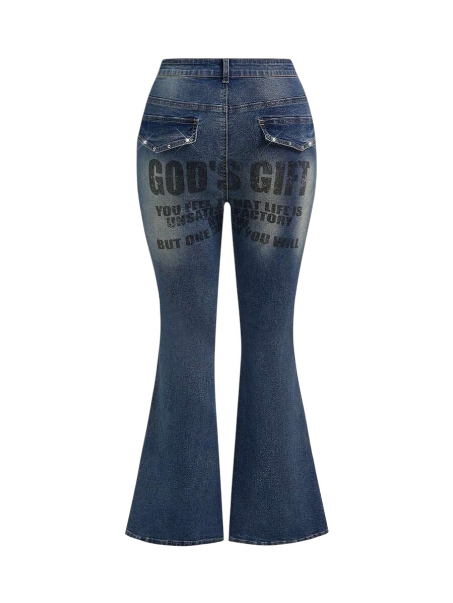 Plus Size Washed Slogan Print Flare Jeans