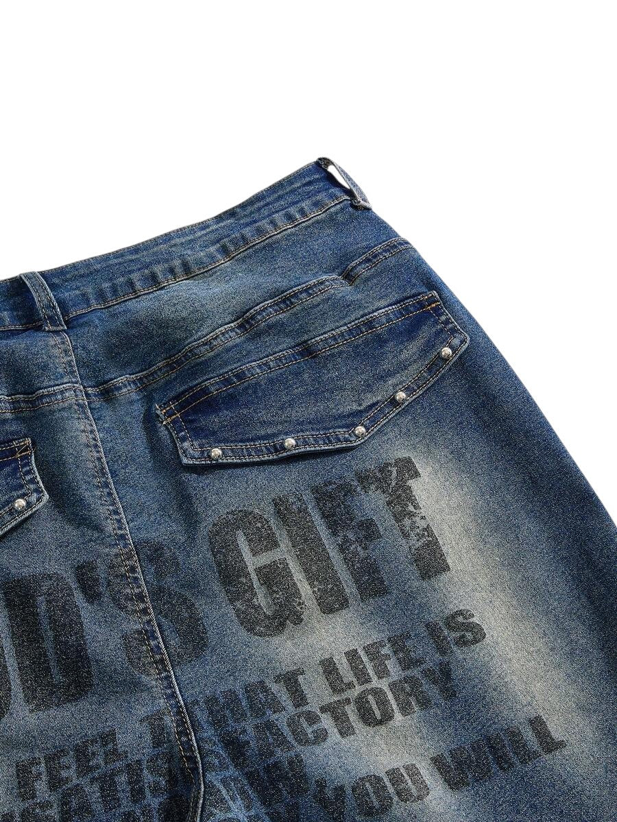 Plus Size Washed Slogan Print Flare Jeans
