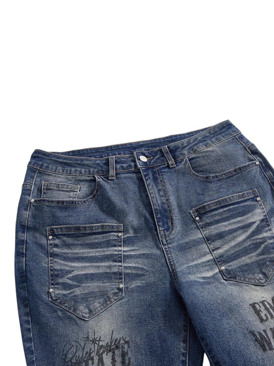 Plus Size Washed Slogan Print Flare Jeans