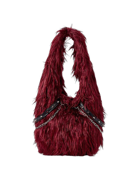 Women's Burgundy Faux Fur Chain Rivet Hobo Shoulder Bag