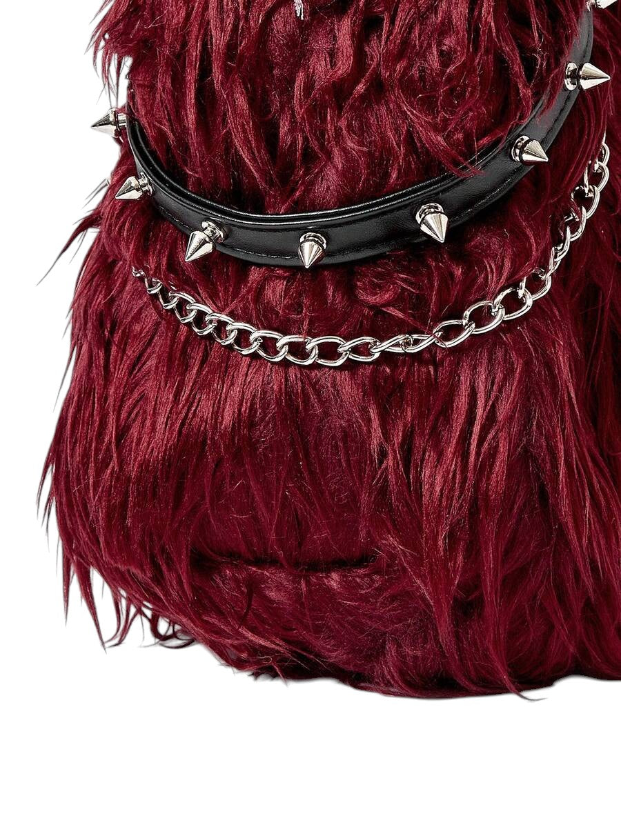 Women's Burgundy Faux Fur Chain Rivet Hobo Shoulder Bag