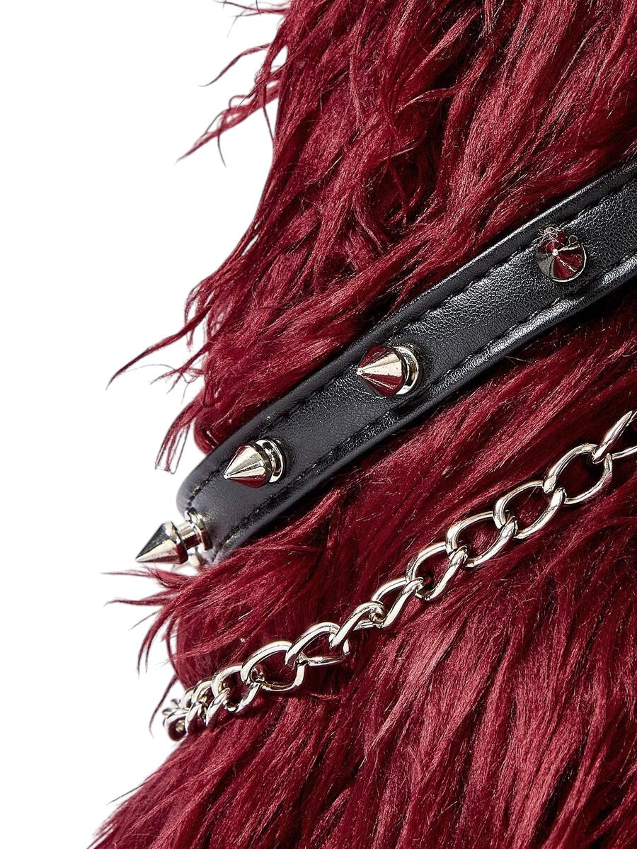 Women's Burgundy Faux Fur Chain Rivet Hobo Shoulder Bag
